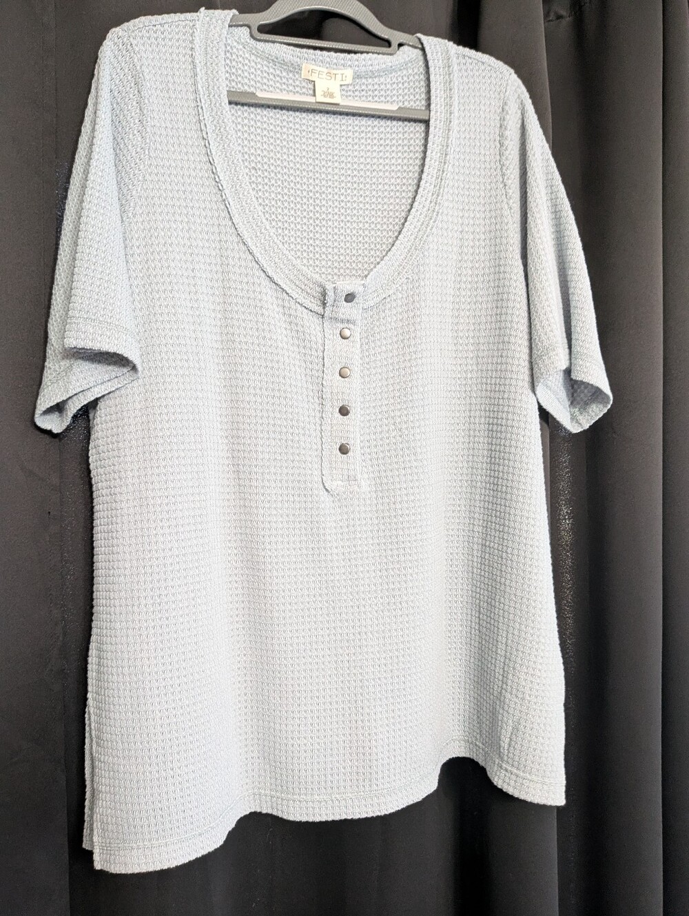 Eileen Fisher Light Blue Waffle Knit Henley Top